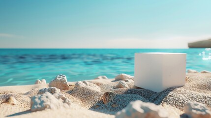 White cube on a sandy beach with clear turquoise water and a bright blue sky in the background, creating a minimalistic and surreal scene.