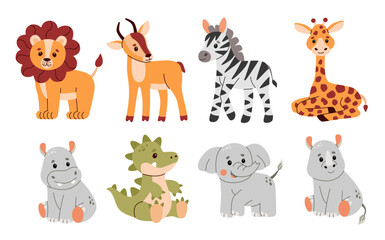 Obraz premium Cute baby animals set. Vector illustration of safari jungle animals including a lion, antelope, hippo, rhinoceros, zebra, crocodile, alligator, elephant, and giraffe.