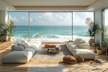 Fototapeta premium Luxurious Coastal Living Room with Large Ocean View Windows, Modern Furniture, and Indoor Plants, Overlooking a Sunny BeachOcean view living room