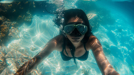 Naklejka premium Teen female swimming underwater with Lifeguard fins