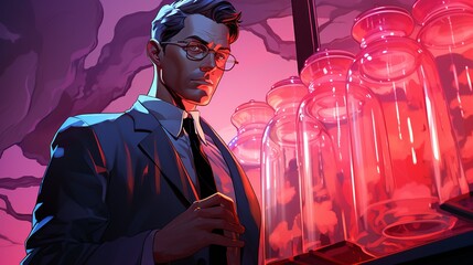 The businessman in a state-of-the-art laboratory, analyzing the genetic material of captured demons to understand their origins. Painting Illustration style, Minimal and Simple,