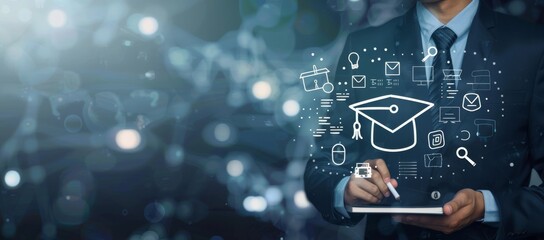 A businessperson using a digital tablet, with virtual graduation cap icons symbolizing online education. It represents the future of education with digital tools and technology in learning