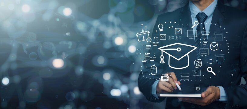 A businessperson using a digital tablet, with virtual graduation cap icons symbolizing online education. It represents the future of education with digital tools and technology in learning