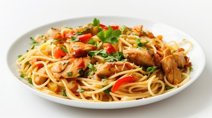 Isolated plate of spaghetti and chicken stew