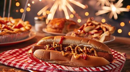 Hotdog stand at night patriotic food moment hot dog delight a mouth watering hot dog loaded with toppings, surrounded by festive food items perfect for a summer celebration or outdoor party.