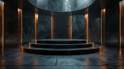 3d podium stage in the steel background 