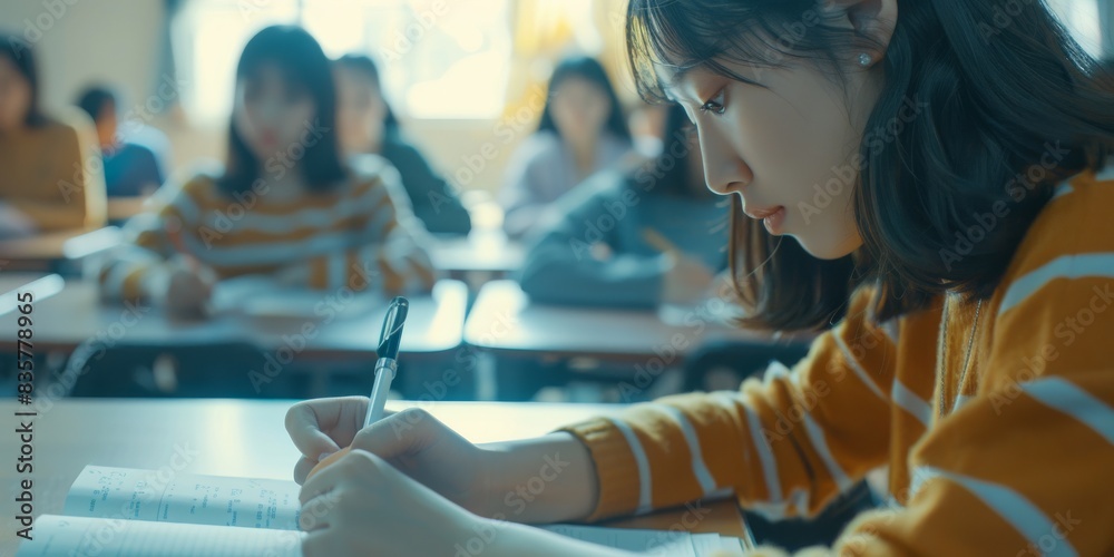 Poster a focused student is studying in a classroom, with other students in the background, engaged in thei
