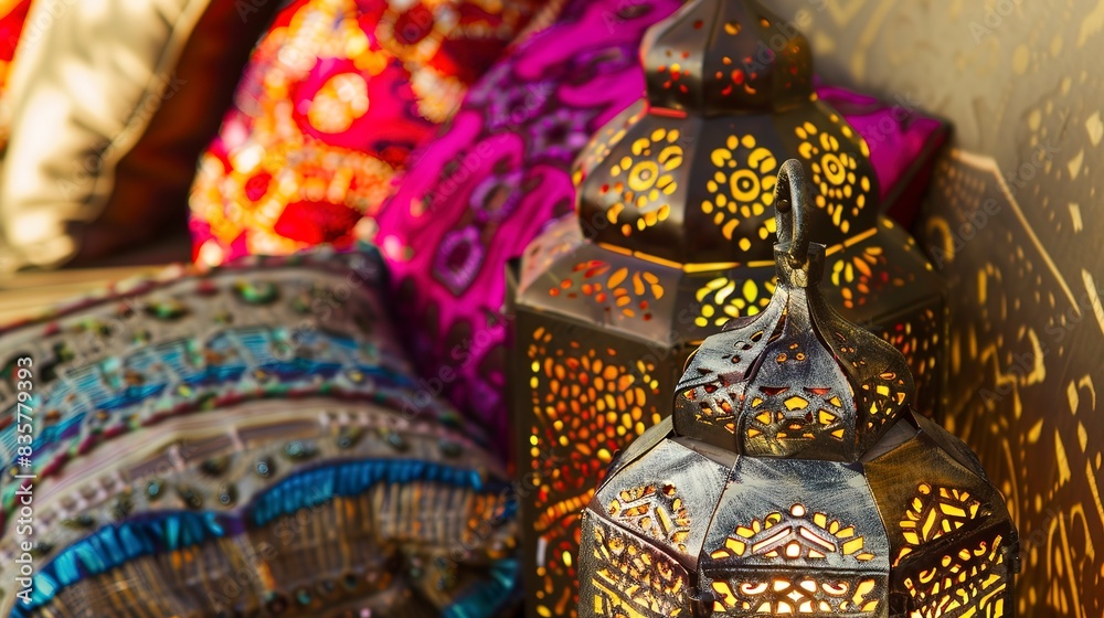 Poster Moroccan themed lounge, close-up on intricate metal lantern and colorful throw pillows, warm light 