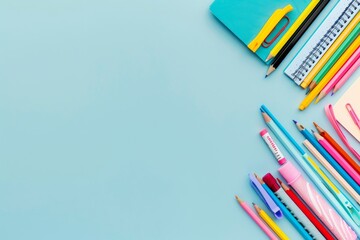 Fototapeta premium Colorful school supplies on a blue background are perfect for education and creativity, including notebooks, markers, pens, and pencils, enhancing learning, organization, and artistry