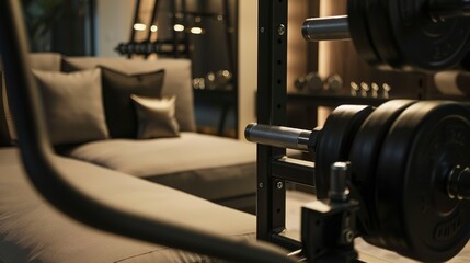 Fototapeta premium Hybrid home gym/lounge, close-up on equipment tucked away under plush seating, soft focus lighting 