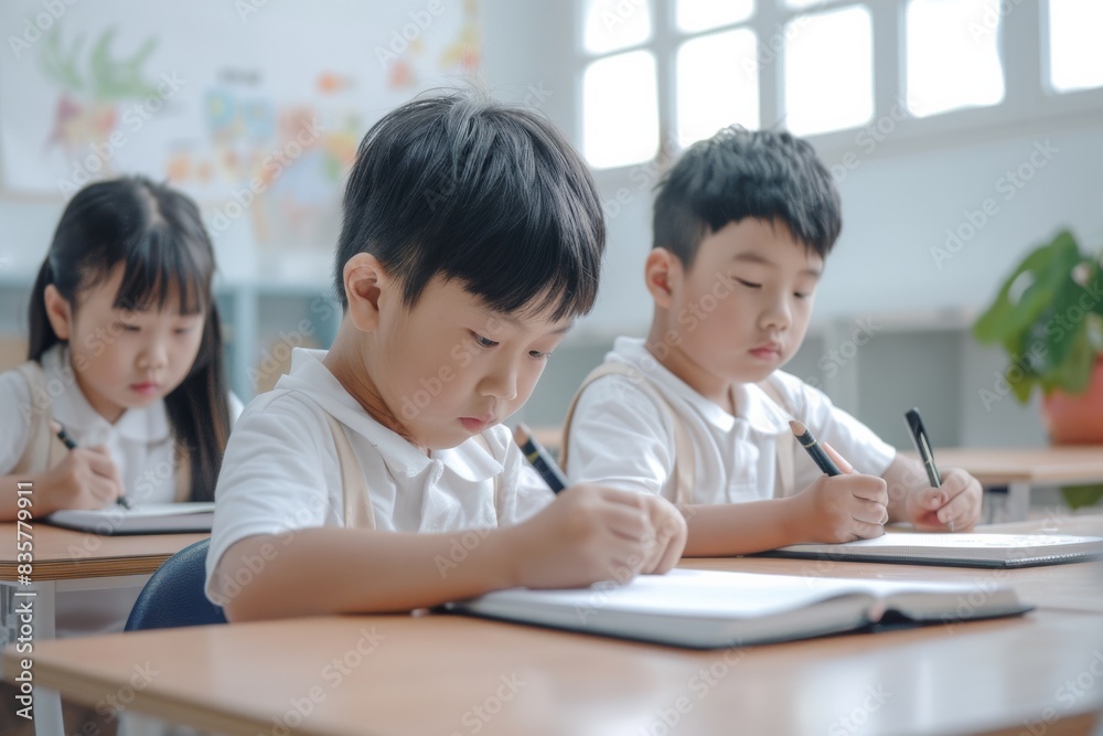 Poster In a classroom, diligent young students are displaying concentration and dedication to their academic work and learning, focusing on writing tasks with their notebooks and writing tools