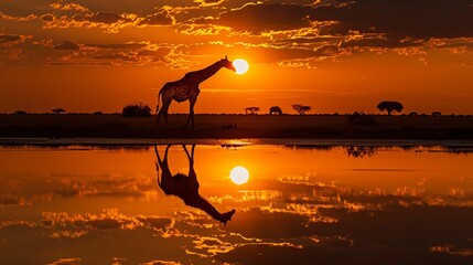 Amazing giraffe walking across the African savannah - Amazing african elephants at sunset - African elephants standing near lake in Etosha National Park, Namibia - Powered by Adobe