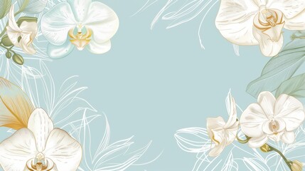Orchids floral, luxury botanical on light blue background vector, empty space in the middle to leave room for text or logo, gold line wallpaper, leaves, flower, foliage, hand drawn 