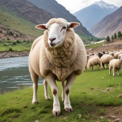 Obraz premium beautiful different eid ul azha sheep eating the grace in the field near the river and mountain