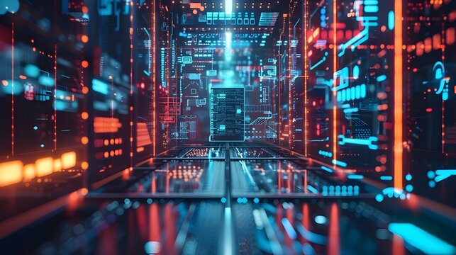 Futuristic digital data center integrated with advanced technology. It features a server on circuit board surrounded by various digital elements, coud computing, data storage, and cyber technology.