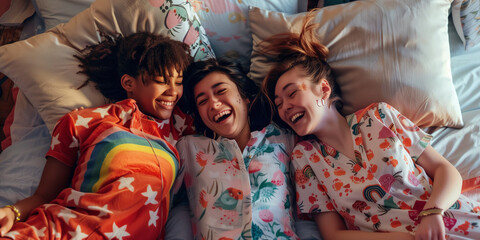 A group of teenagers lie on a bed, laughing during a sleepover party.