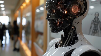 Fototapeta premium A robot stands before a group of individuals, presenting an intriguing juxtaposition of technology and humanity.