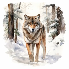 Naklejka premium Wolf walking in snowy forest watercolor clipart illustration on white background