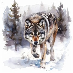 Wolf walking in snowy forest watercolor clipart illustration on white background