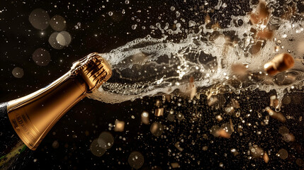 Golden champagne cascades into a crystal glass, the bubbles dancing and swirling as it fills. The stream creates a gentle fizzing sound, embodying the essence of celebration.