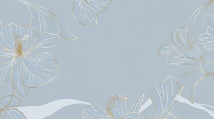 Orchids floral, luxury botanical on light blue background vector, empty space in the middle to leave room for text or logo, gold line wallpaper, leaves, flower, foliage, hand drawn 