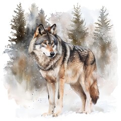 Obraz premium Wolf in snowy forest watercolor clipart illustration on white background