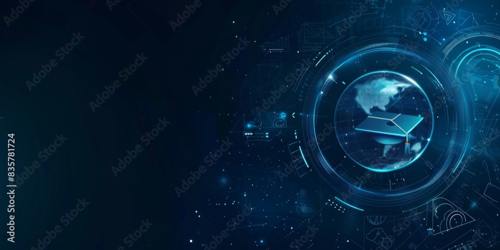 Poster Immerse in a digital world with a holographic Earth, globally interconnected through advanced technology. This hightech environment fosters cyber innovation and virtual interactions