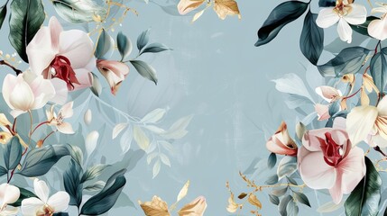 Orchids floral, luxury botanical on light blue background vector, empty space in the middle to leave room for text or logo, gold line wallpaper, leaves, flower, foliage, hand drawn 