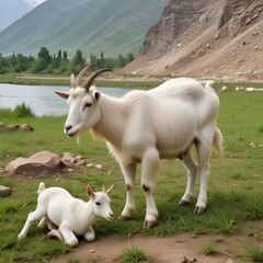 Obraz premium beautiful different eid ul azha goat eating the grace in the field near the river and mountain 