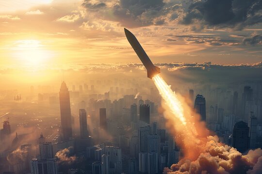 An intercontinental missile is about to hit the city, real photo 