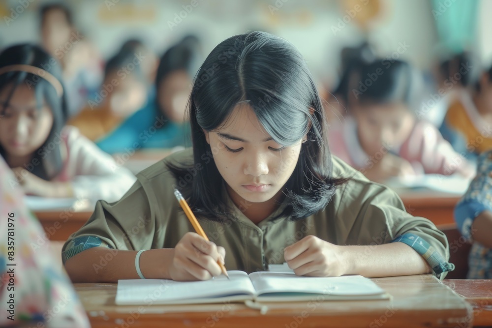 Poster Focused students are diligently studying in a classroom, creating a productive learning environment. They are engaged in academic pursuits, with a focus on education and acquiring knowledge