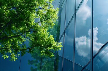 Green glass building with a tree reflection in the window, representing an ecofriendly architecture concept.  A green energy and environment friendly city scene. An abstract background.