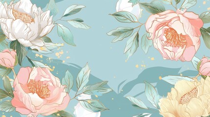Peonies floral, luxury botanical on light blue background vector, empty space in the middle to leave room for text or logo, gold line wallpaper, leaves, flower, foliage, hand drawn