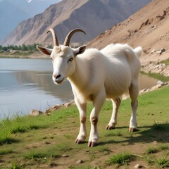 Obraz premium beautiful different eid ul azha goat eating the grace in the field near the river and mountain 