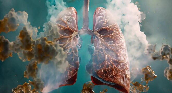 A comprehensive medical illustration, ideal for a module cover, depicting the interior of human lungs impacted by COPD, emphasizing inflamed and damaged lung tissue