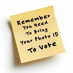 A sticky note with a handwritten reminder that reads, "Remember You Need To Bring Your Photo ID To Vote," emphasizing the importance of carrying identification for voting