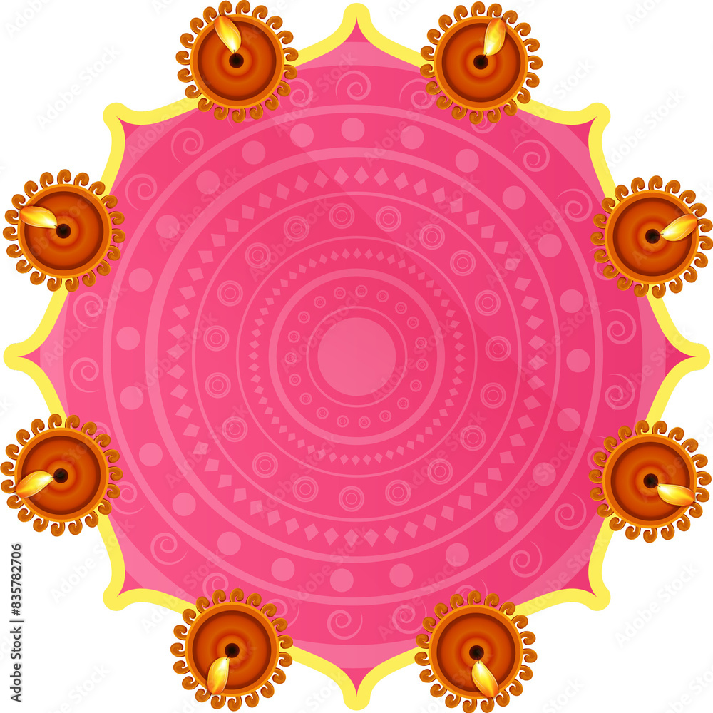 Poster Top View of Pink Rangoli Decorate with Lit Diya Png Element for Diwali Festival.