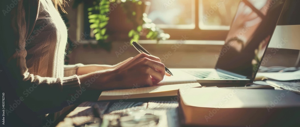 Poster A person is focused on notetaking in a welllit workspace with a laptop, emphasizing study or work tasks, creating a productive and professional setting for effective learning or working