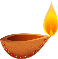 Isolated Fancy Clay Diya (Oil Lamp) Decorative Stone for Diwali Festival Element Png.