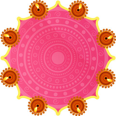 Top View of Pink Rangoli Decorate with Lit Diya Png Element for Diwali Festival.