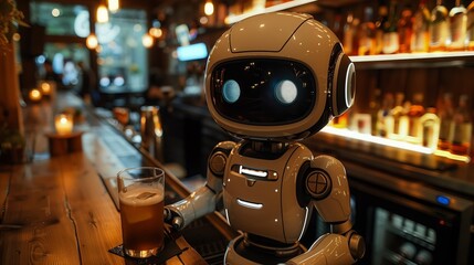 A robot standing at a bar while holding a glass of beer in its mechanical hand.
