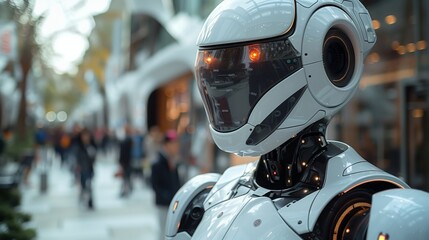 Fototapeta premium A robot is strolling along a bustling city street. People pass by, unaware of this robotic presence in their midst.