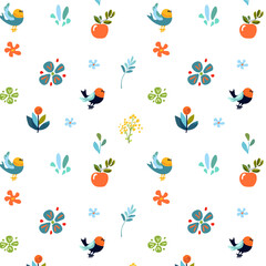 Seamless pattern featuring small, simple birds, flowers, and red apples on a white background Wallpaper and textiles stationery, packaging, notebooks scrapbooking. Flat vector design whimsical touch