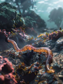Worms burrowing in ocean sediments, high-definition, soft natural light, detailed textures, vibrant and dynamic marine activity, focus on bioturbation