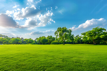 Obraz premium Beautiful blurred background image of spring nature with a neatly trimmed lawn surrounded by trees against a blue sky with clouds on a bright sunny day.