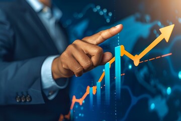 Biznesmen wskazujący dynamiczny trend wzrostowy na tle cyfrowych danych - wzrost wykresu finansowego i sukces biznesowy na tle mapy świata
