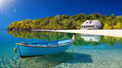 Fototapeta premium A beach that conveys the essence of paradise. The boat rests on sparkling crystal clear water reflecting the lush vegetation of the nearby island, creating a feeling of solitude and serenity.