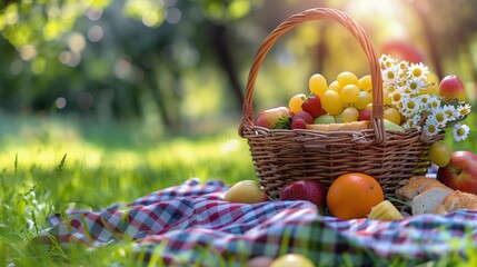 Picnic Basket with Fresh Fruits and Sandwiches on Checkered Blanket in Sunlit Meadow