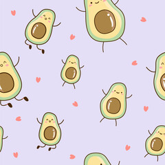 Cute sliced avocado and pink hearts seamless pattern on purple background