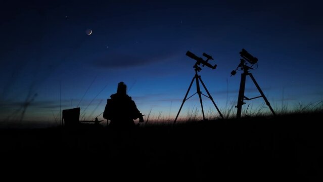 Amateur astronomer looking at the evening skies, observing planets, stars, Moon and other celestial objects with a telescope and camera on a star tracker.